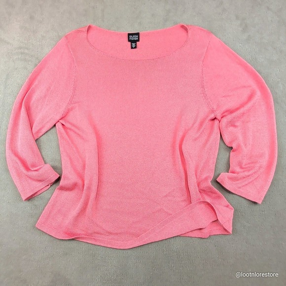 Eileen Fisher Bright Pink Cotton Nylon Knit Sweater Large Boat Neck Italian Yarn — photo 2
